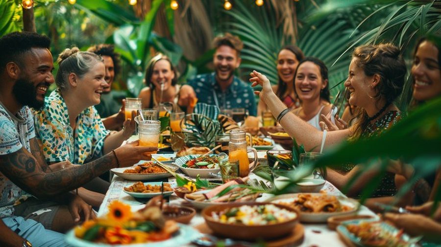 Friends laughing around a long outdoor dinner table